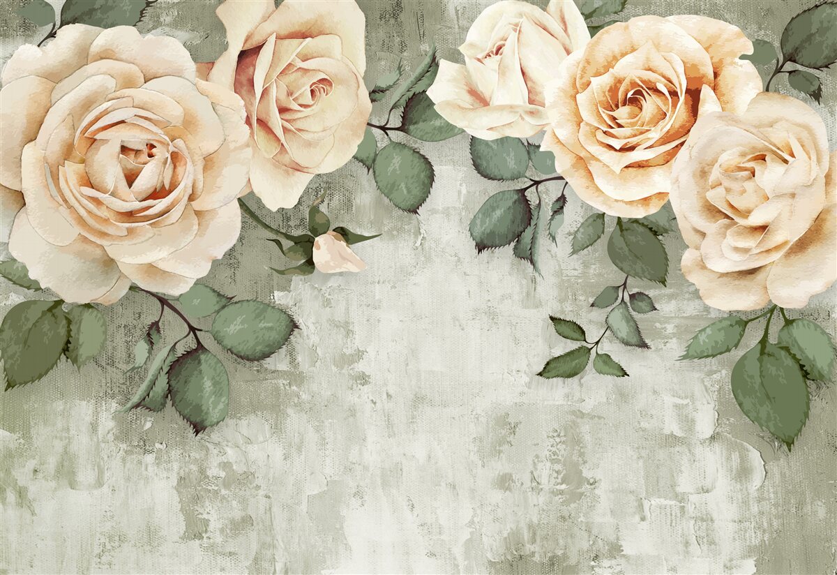 Fototapeten Cremige Rosen mit großen grünen Blättern