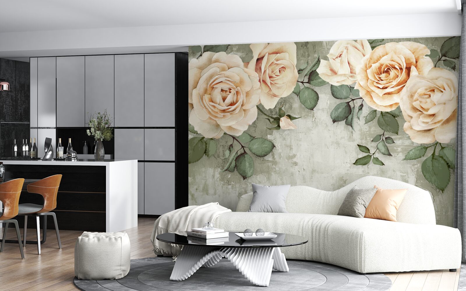 Fototapeten Cremige Rosen mit großen grünen Blättern