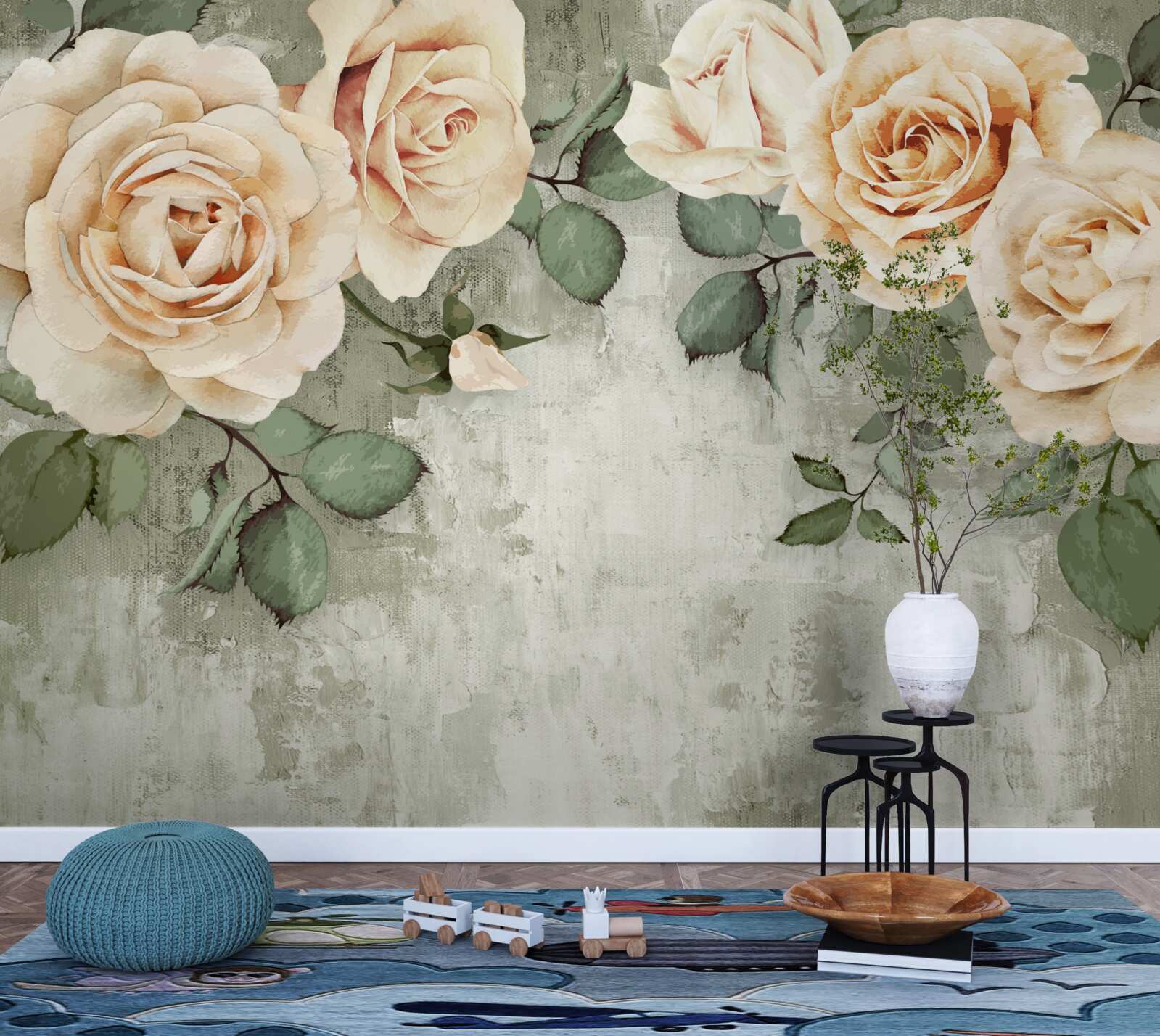 Fototapeten Cremige Rosen mit großen grünen Blättern