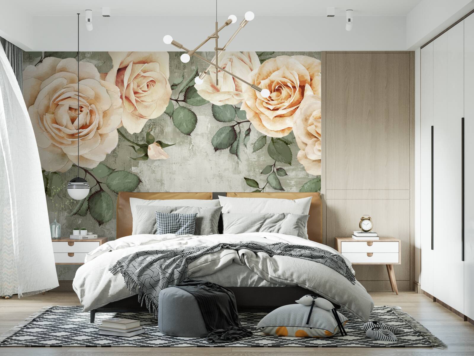 Fototapeten Cremige Rosen mit großen grünen Blättern