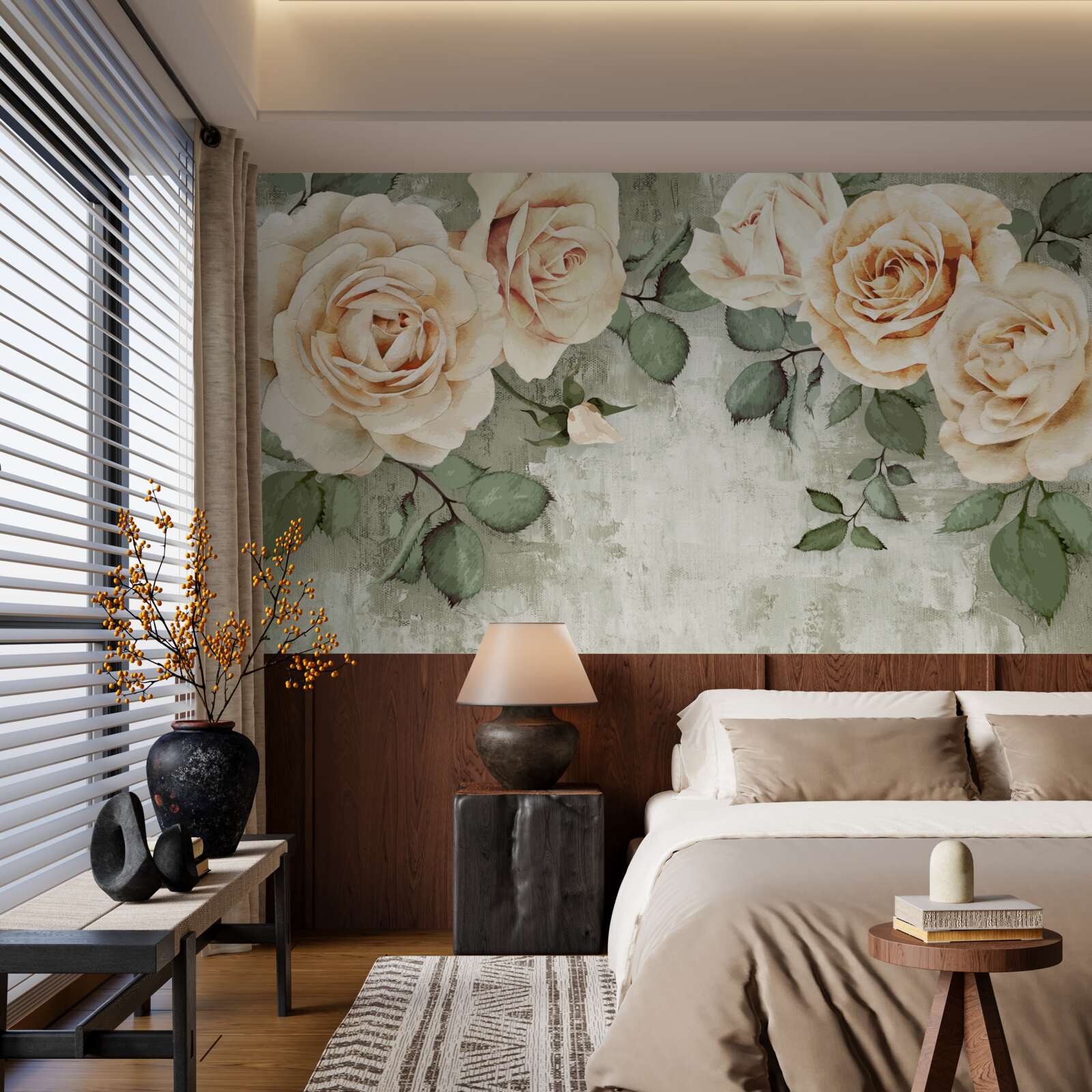 Fototapeten Cremige Rosen mit großen grünen Blättern