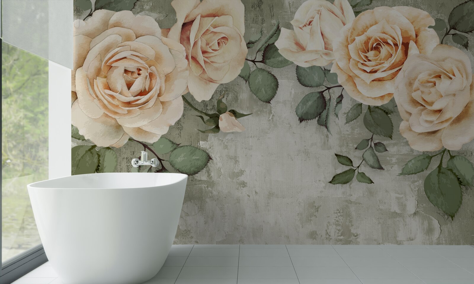 Fototapeten Cremige Rosen mit großen grünen Blättern