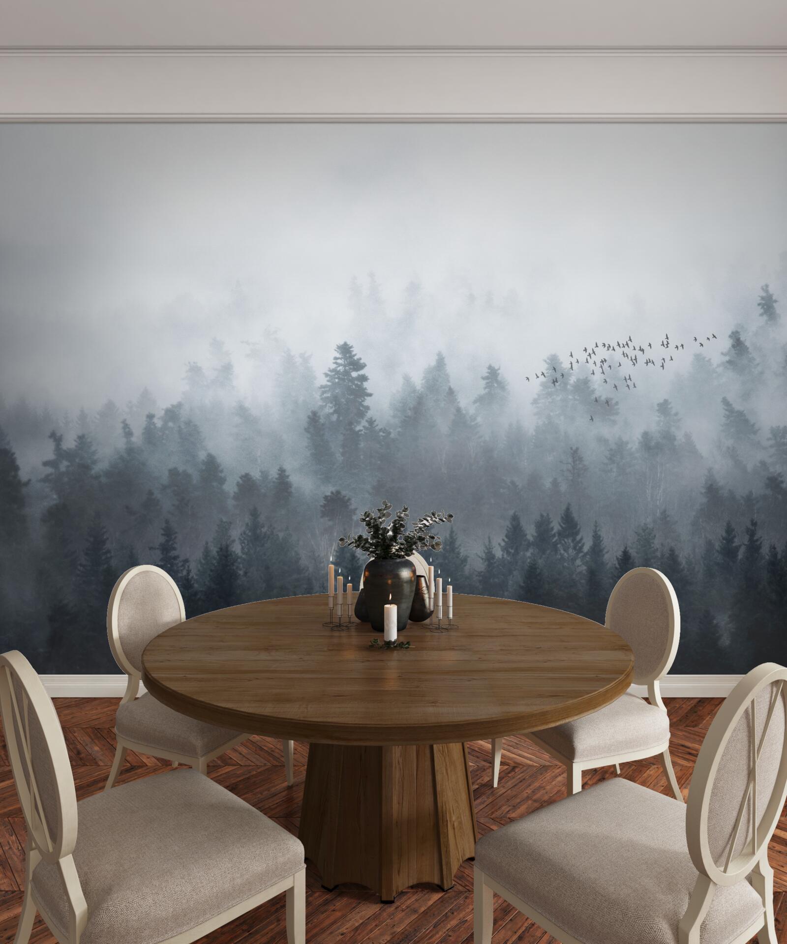 Fototapeten Wald bedeckt mit Nebel