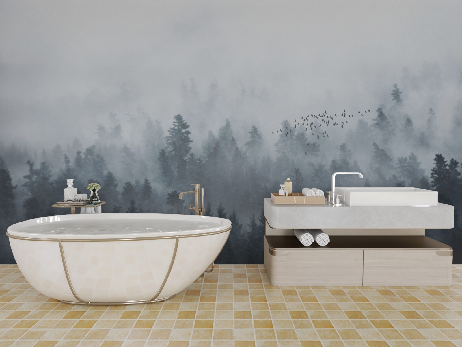 Fototapeten Wald bedeckt mit Nebel