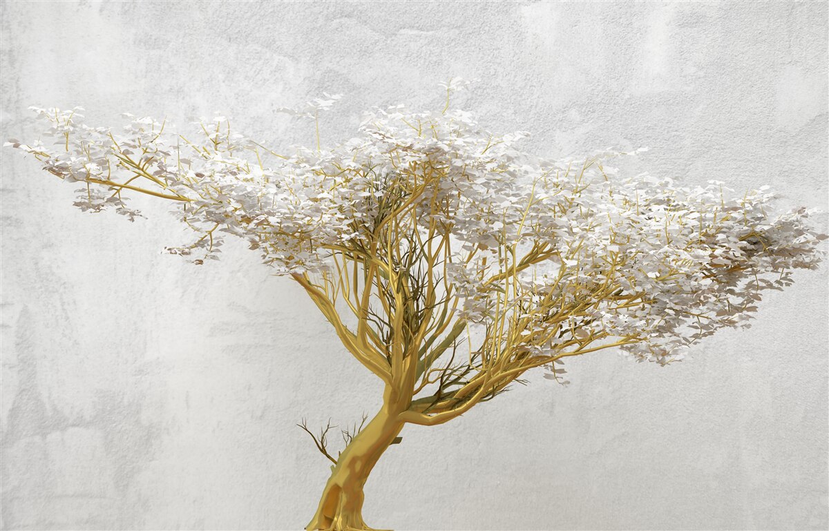Fototapeten Ein riesiger Baum mit vielen Zweigen, die mit weißen Blumen verziert sind