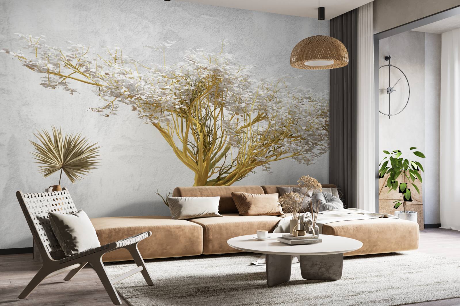 Fototapeten Ein riesiger Baum mit vielen Zweigen, die mit weißen Blumen verziert sind