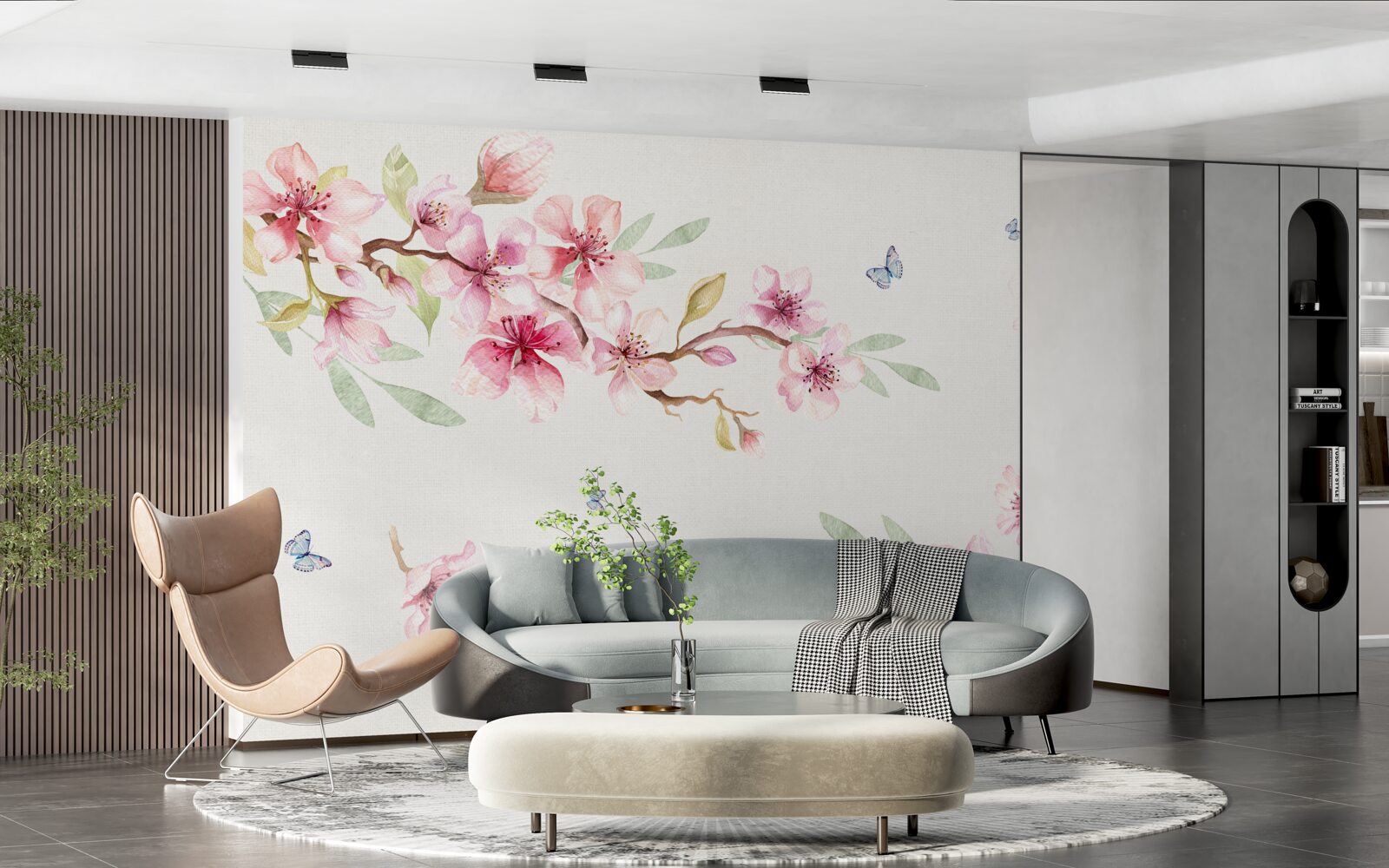 Fototapeten Schmetterlinge fliegen mit Blumen um Zweige