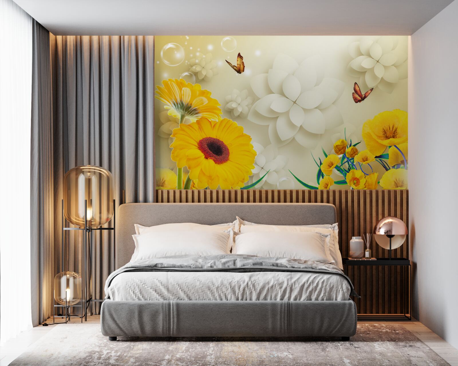 Fototapeten Schmetterlinge fliegen über orangefarbene Blumen