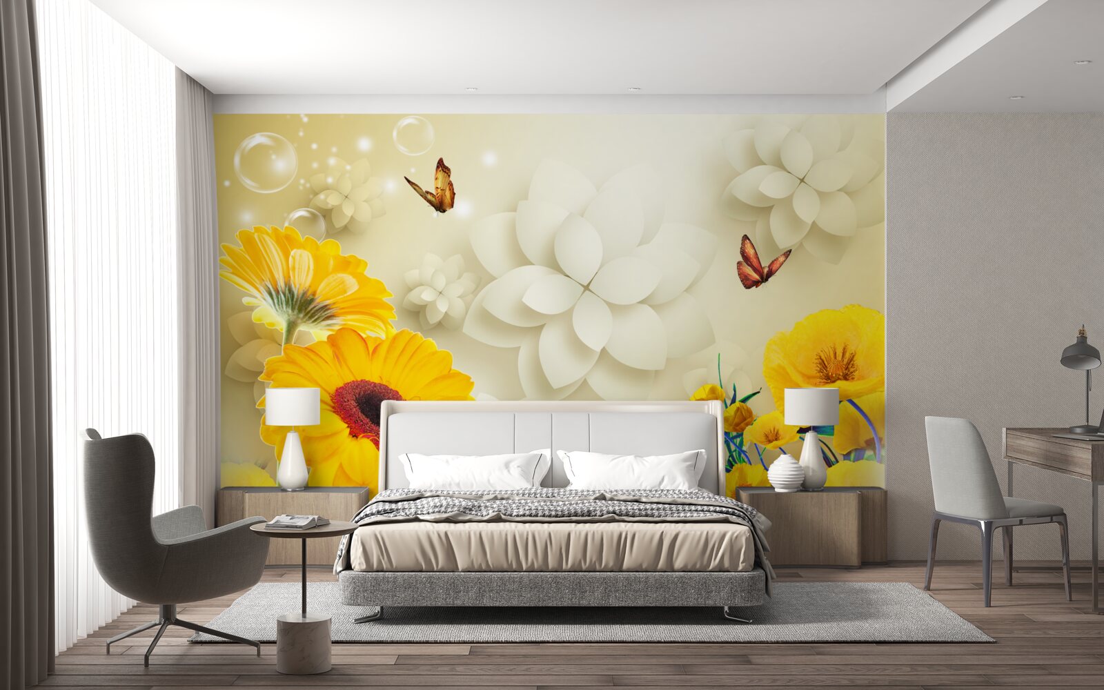 Fototapeten Schmetterlinge fliegen über orangefarbene Blumen