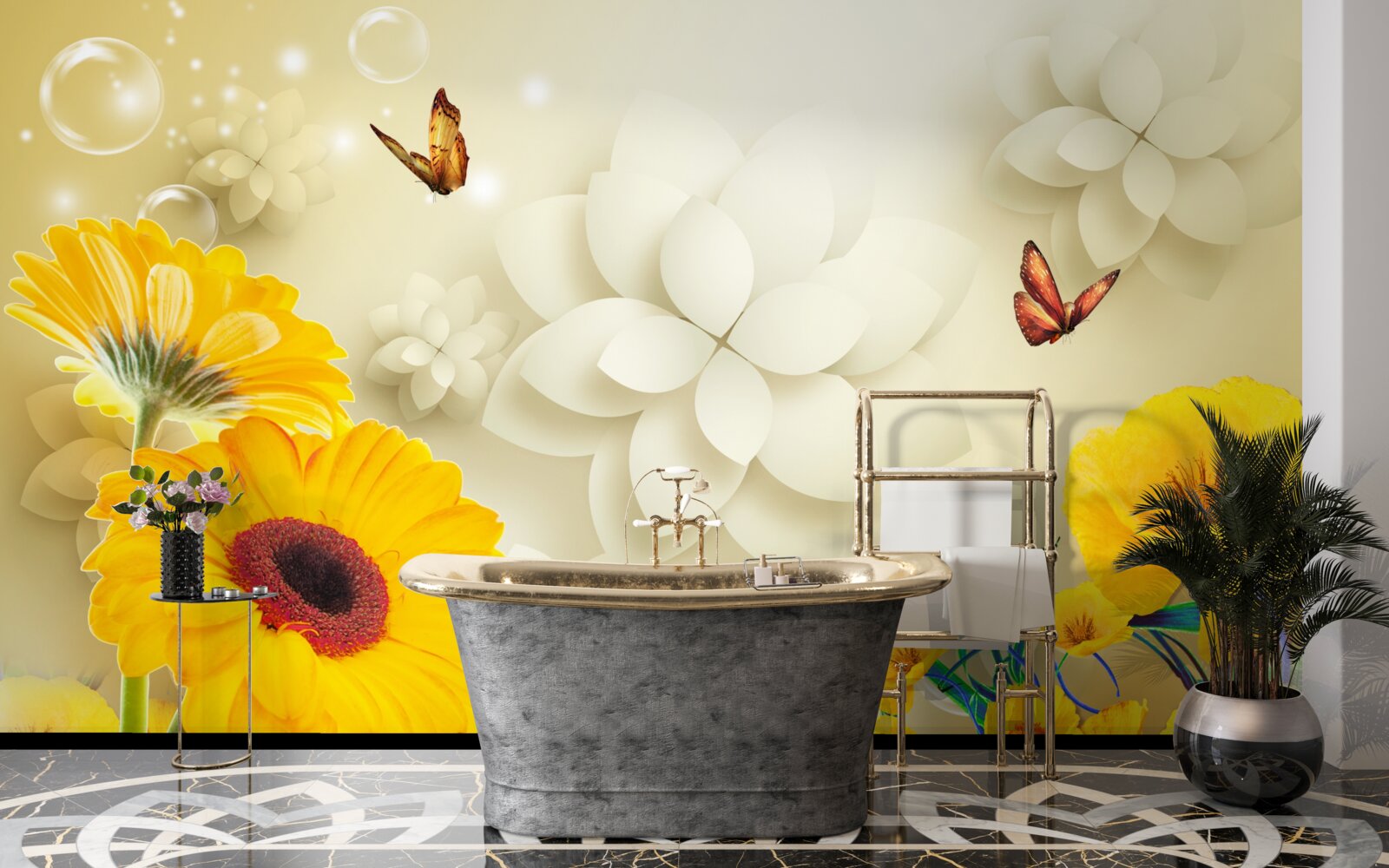 Fototapeten Schmetterlinge fliegen über orangefarbene Blumen