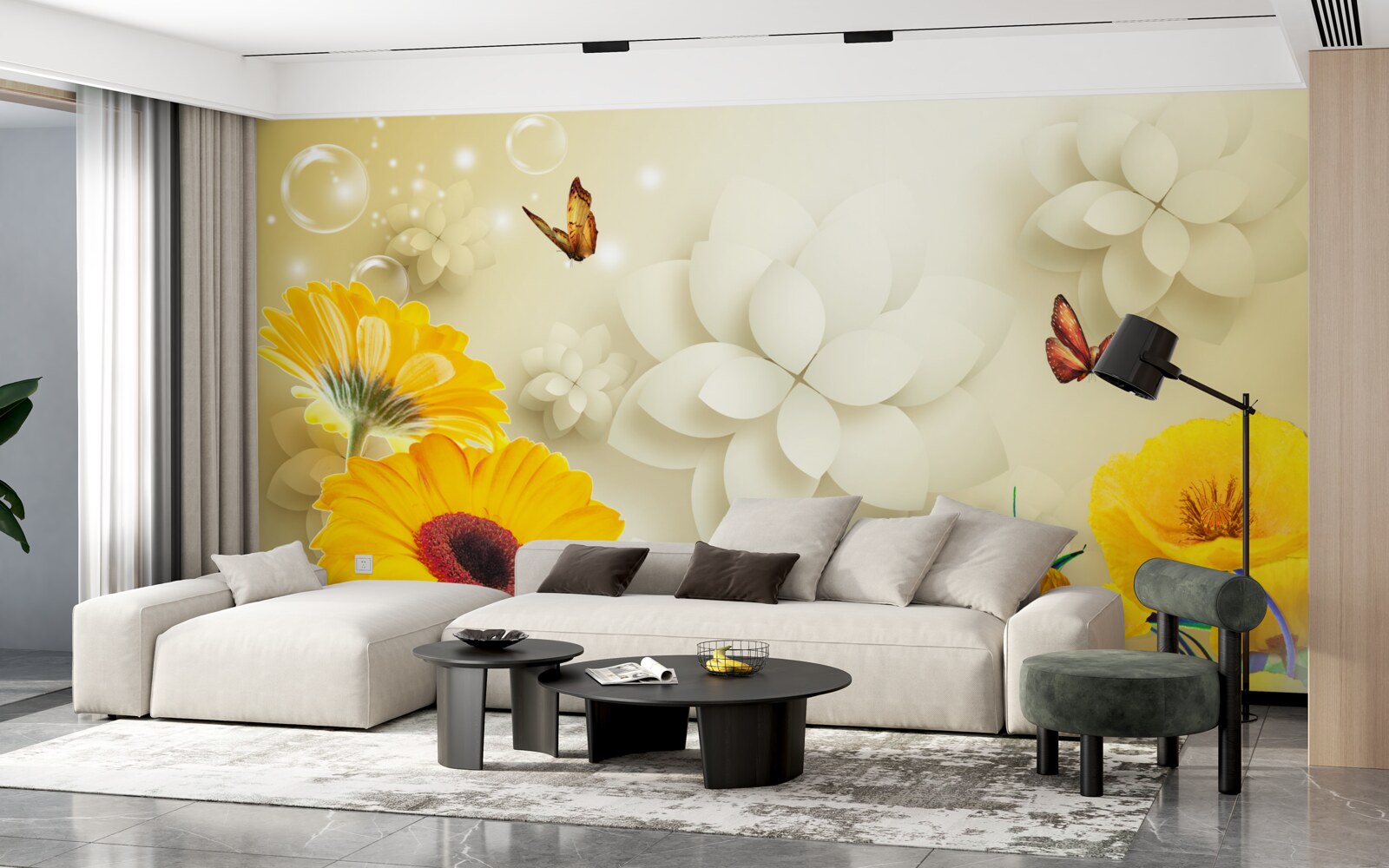 Fototapeten Schmetterlinge fliegen über orangefarbene Blumen