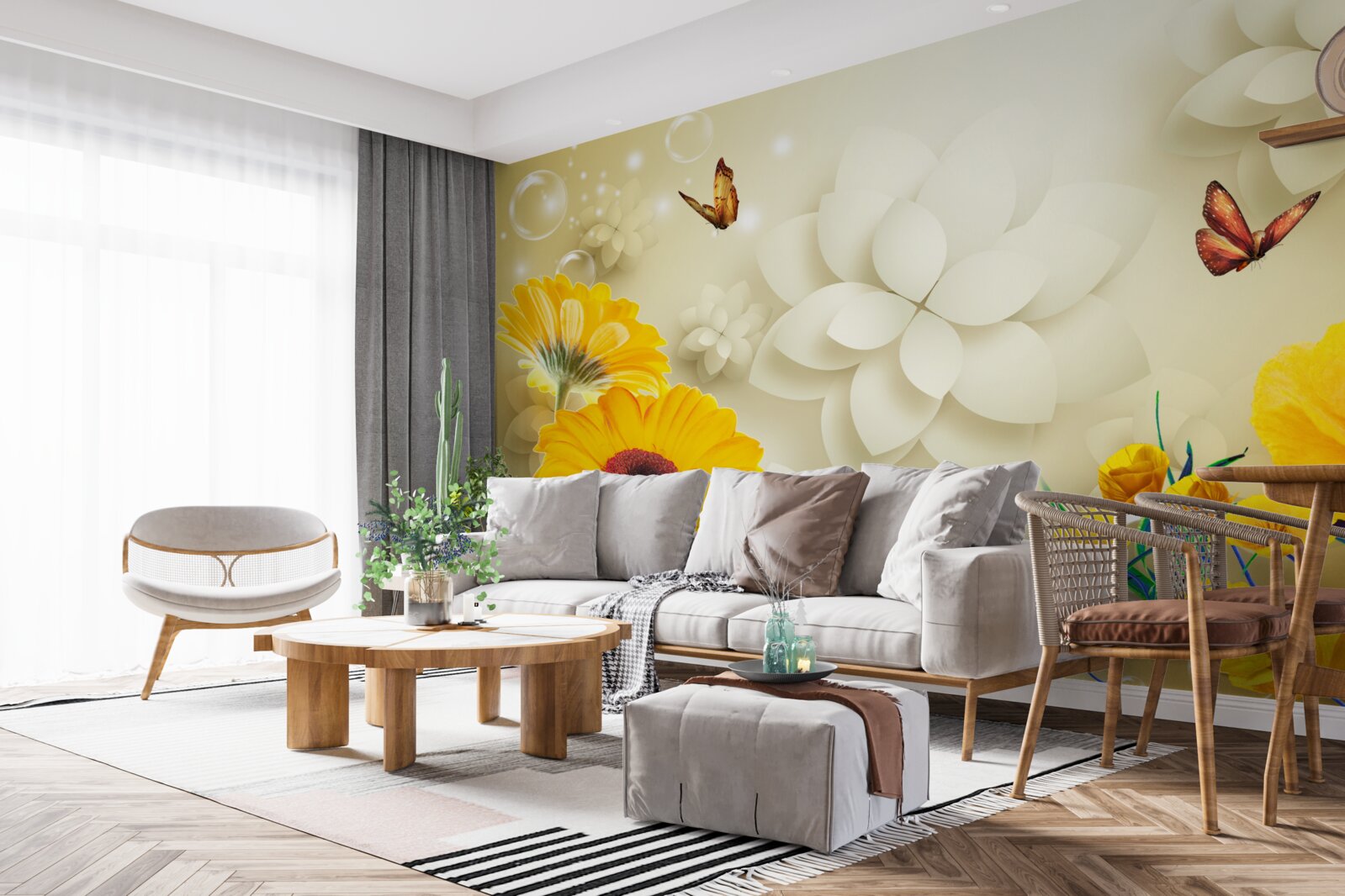 Fototapeten Schmetterlinge fliegen über orangefarbene Blumen