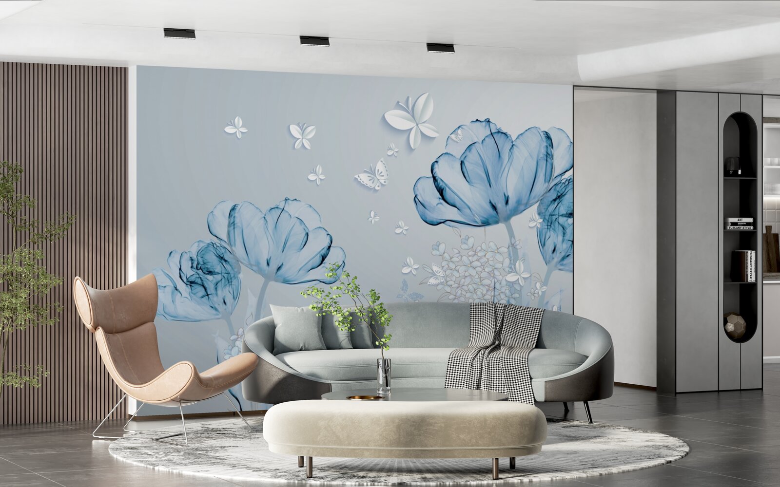 Fototapeten Blaue Blumen und leichte Schmetterlinge