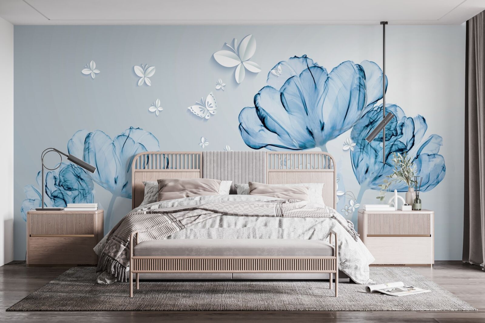 Fototapeten Blaue Blumen und leichte Schmetterlinge