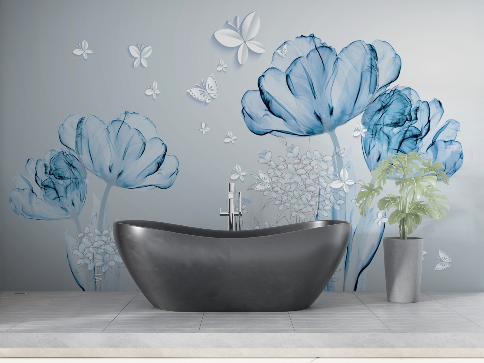 Fototapeten Blaue Blumen und leichte Schmetterlinge