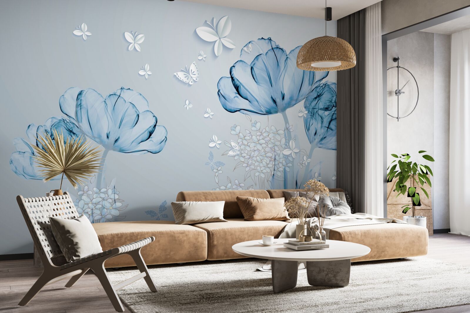 Fototapeten Blaue Blumen und leichte Schmetterlinge