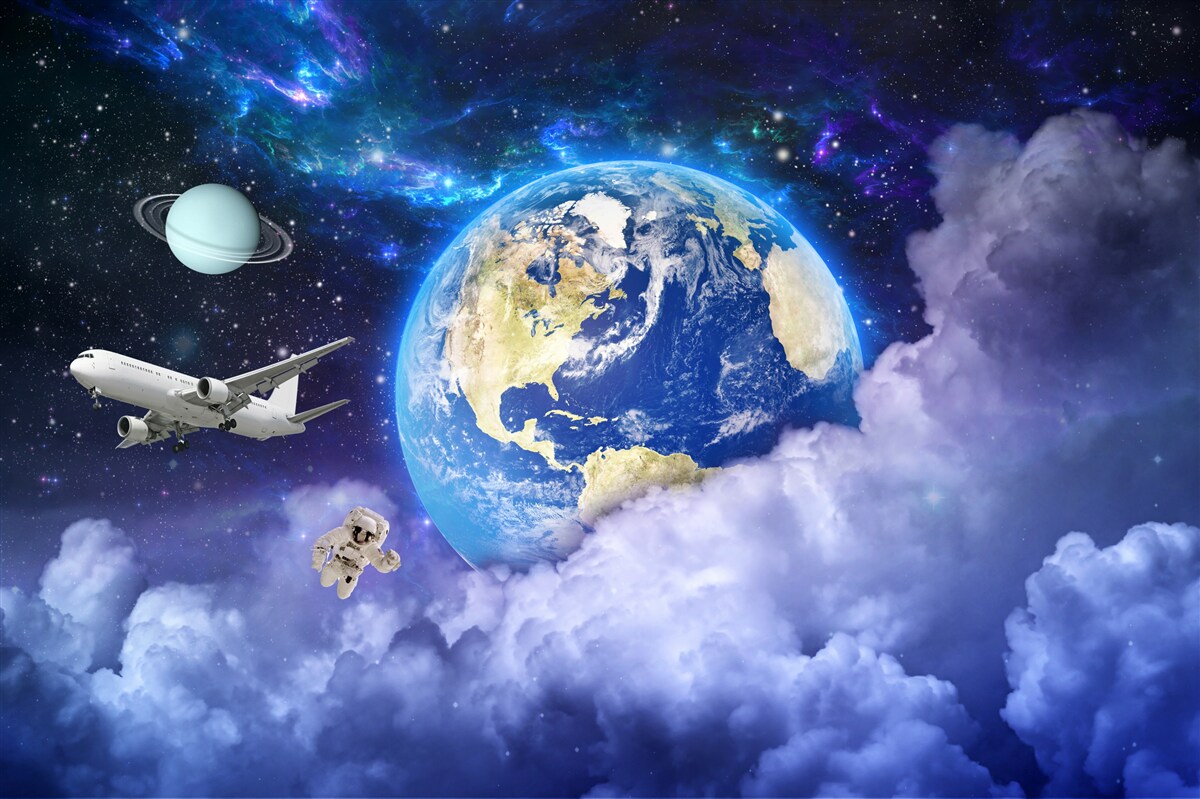 Fototapeten Flugzeug und Astronaut im Weltraum