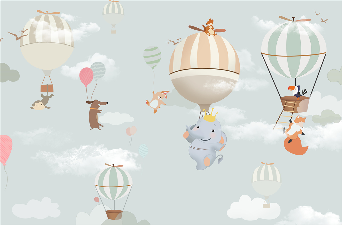 Fototapeten Tiere schweben auf Luftballons und Luftballons
