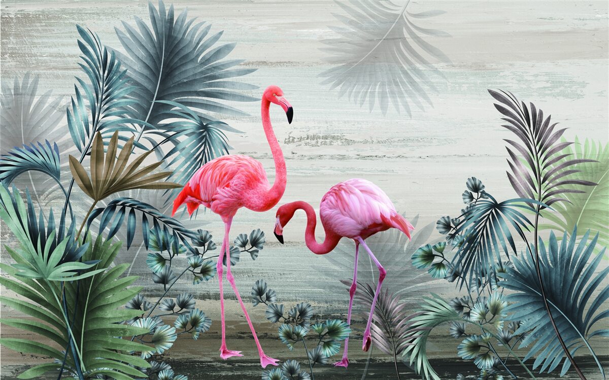 Fototapeten Flamingos in rosa Farbtönen zwischen grünen Blättern
