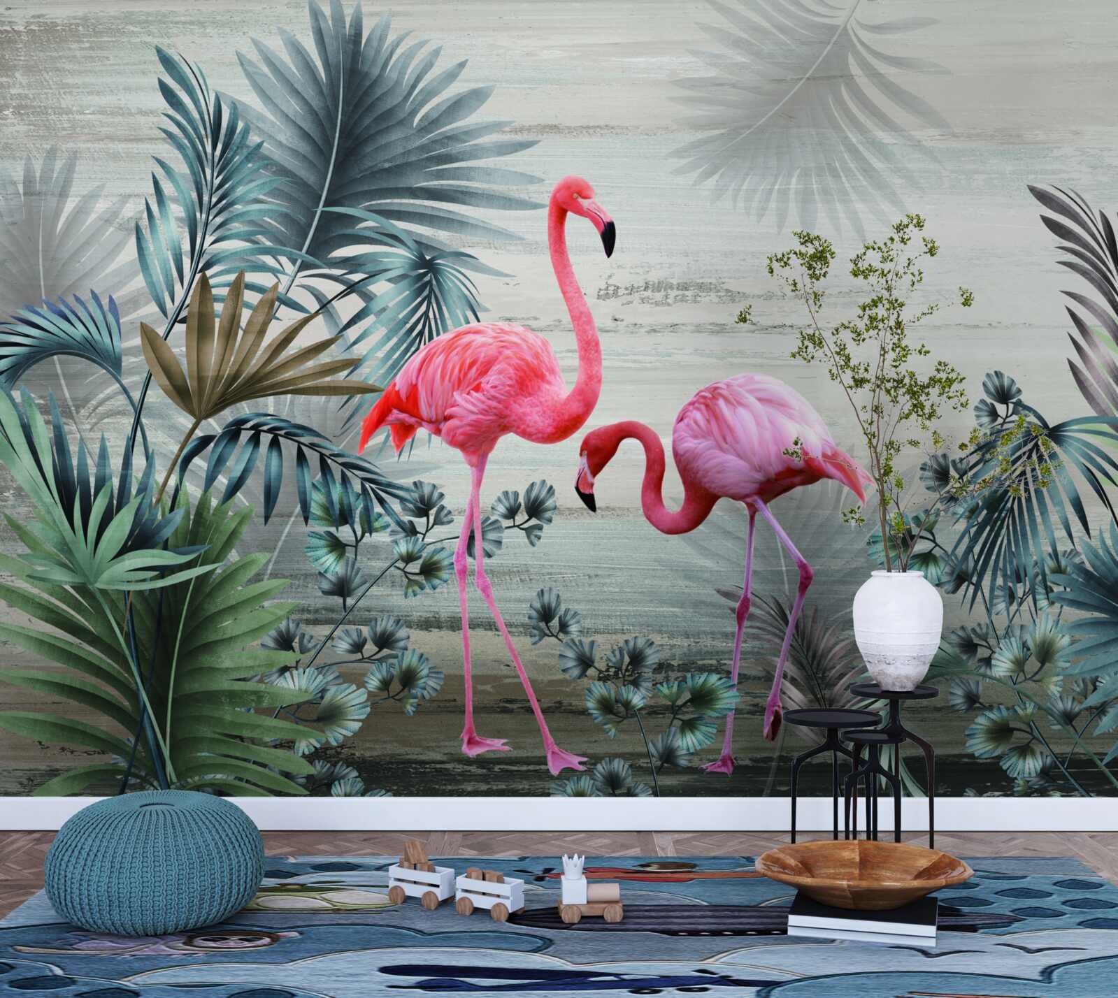 Fototapeten Flamingos in rosa Farbtönen zwischen grünen Blättern