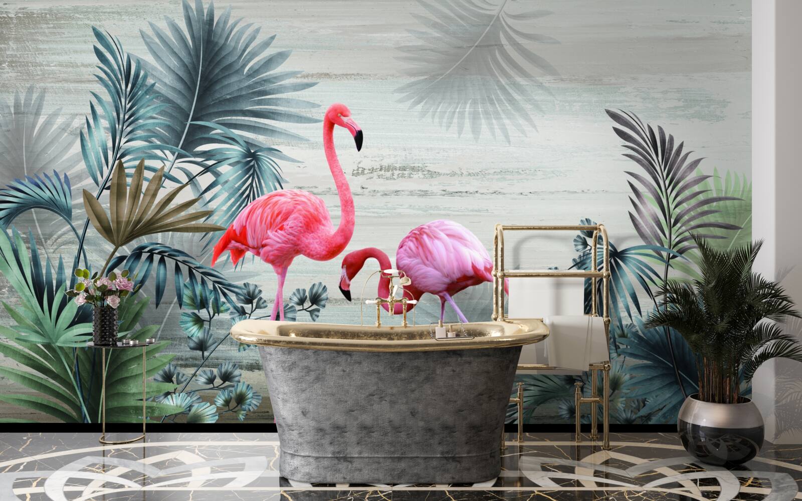 Fototapeten Flamingos in rosa Farbtönen zwischen grünen Blättern
