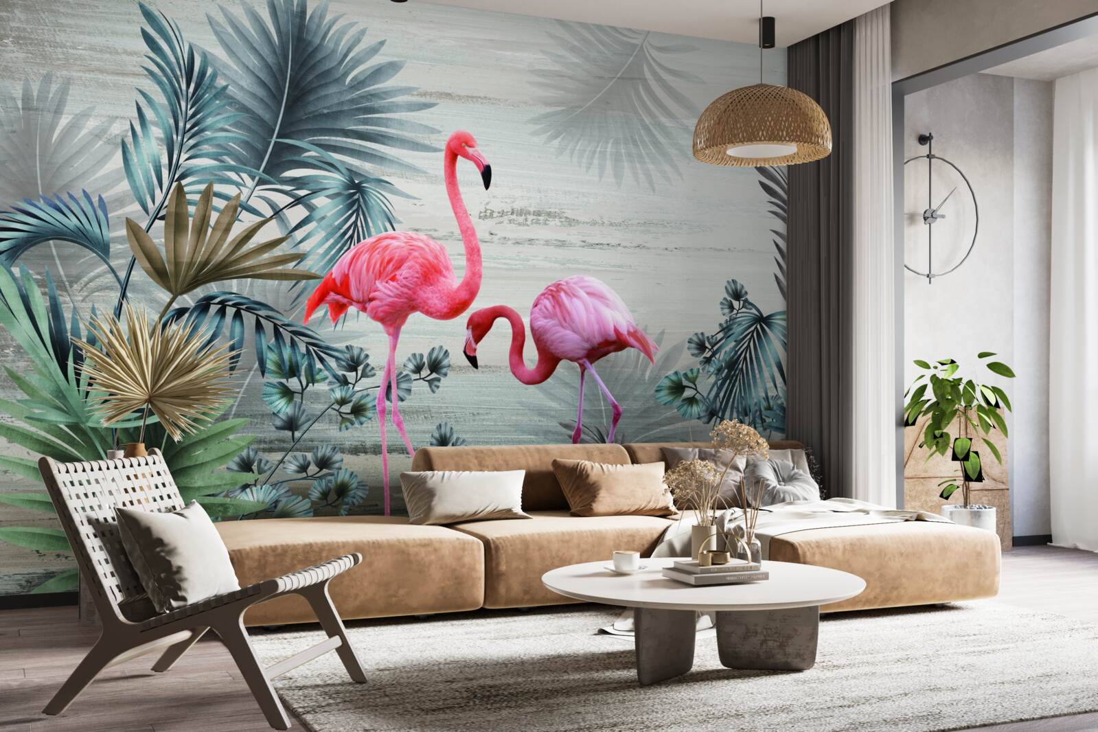 Fototapeten Flamingos in rosa Farbtönen zwischen grünen Blättern