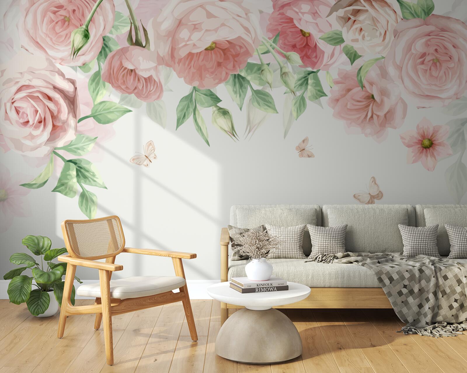 Fototapeten Weiche rosa Blüten mit grünen Blättern