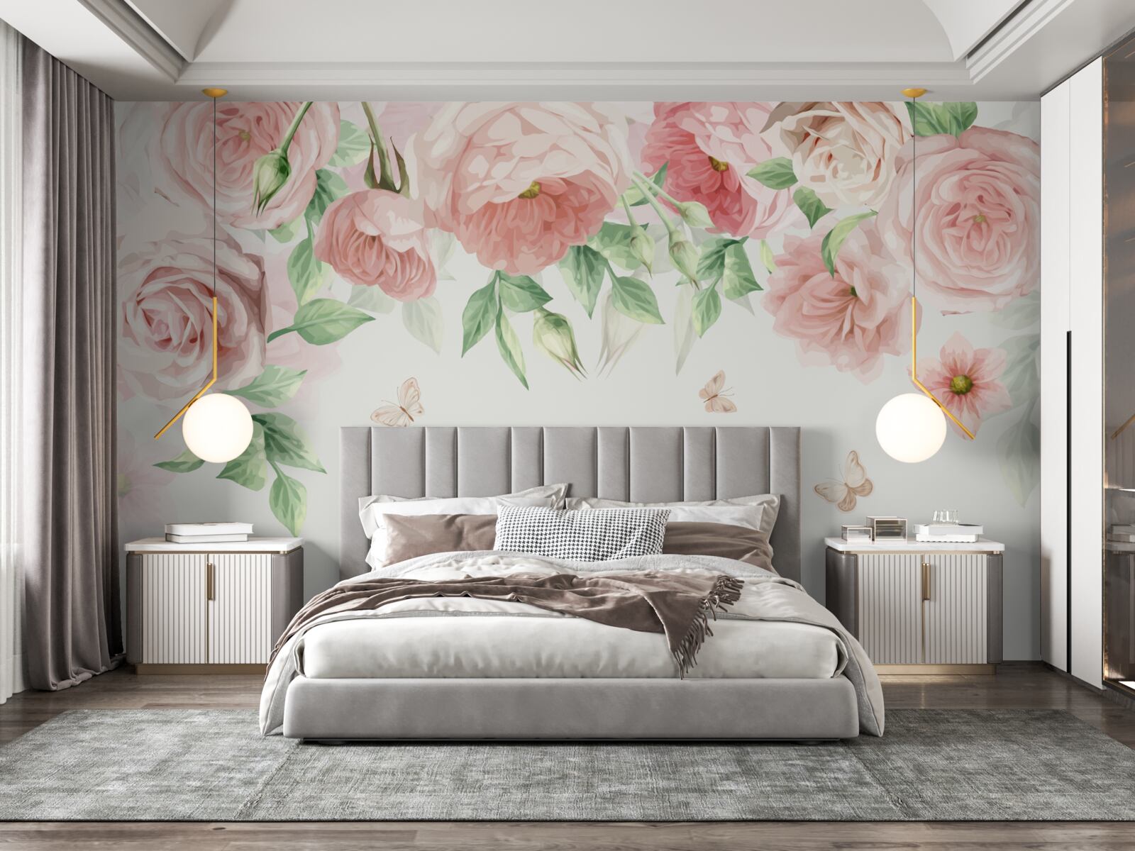 Fototapeten Weiche rosa Blüten mit grünen Blättern
