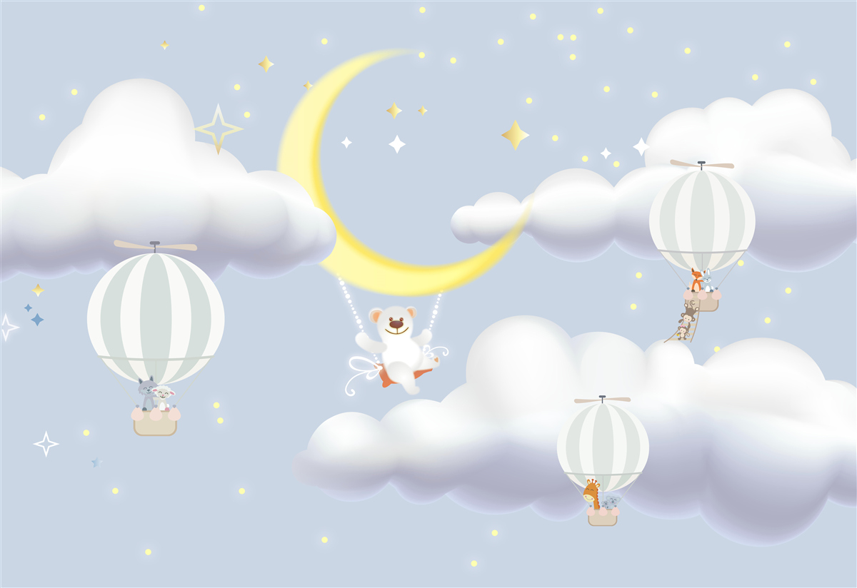 Fototapeten Der Bär ist auf dem Mond und Tieren in Luftballons aus Luft