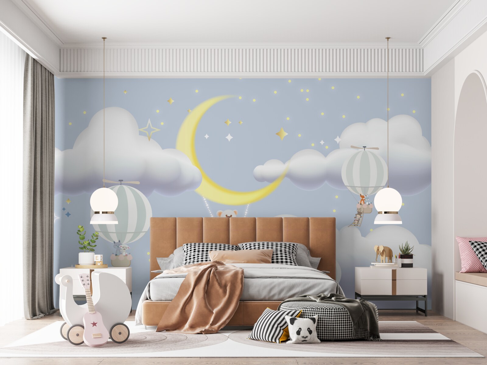 Fototapeten Der Bär ist auf dem Mond und Tieren in Luftballons aus Luft