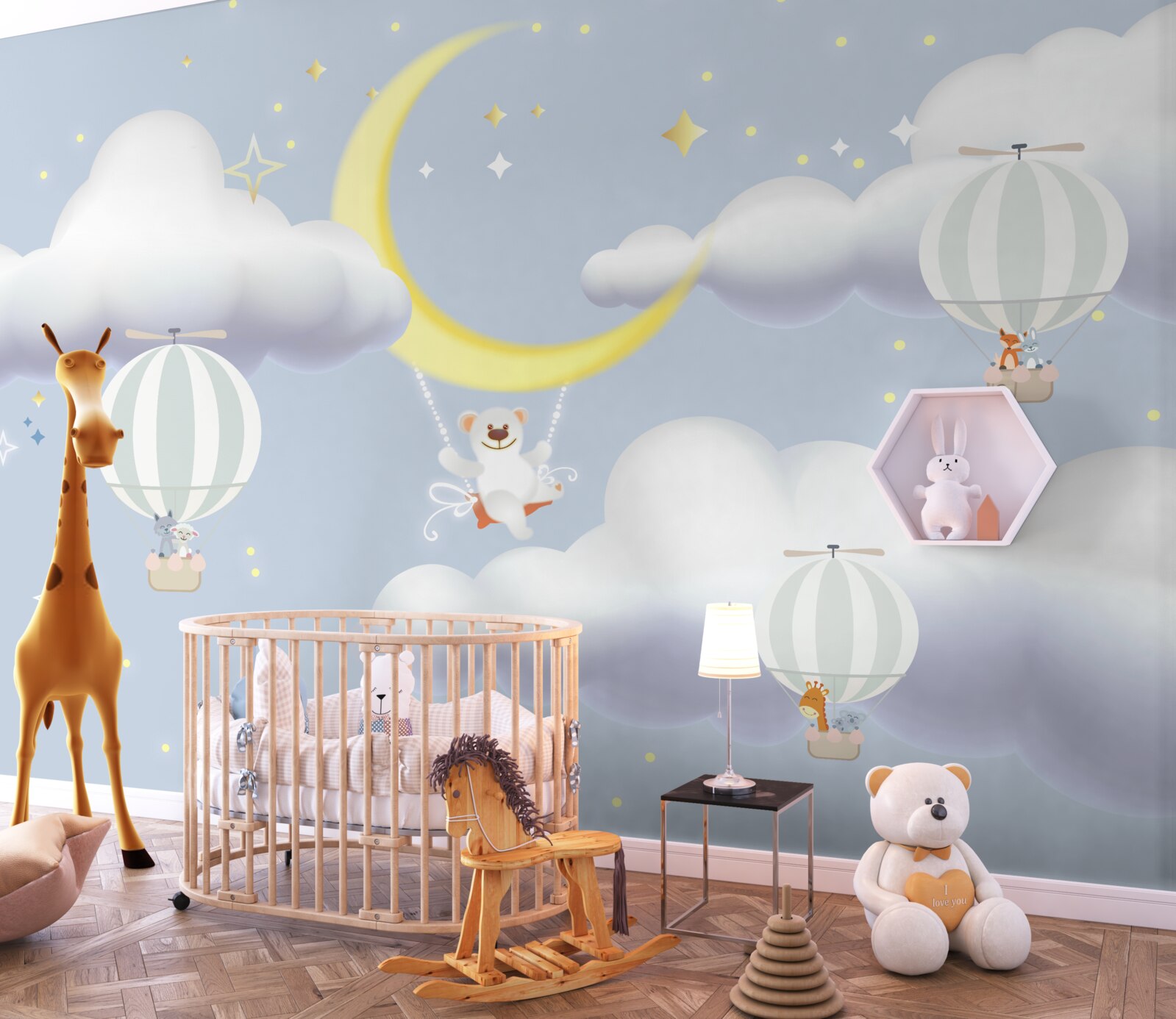 Fototapeten Der Bär ist auf dem Mond und Tieren in Luftballons aus Luft