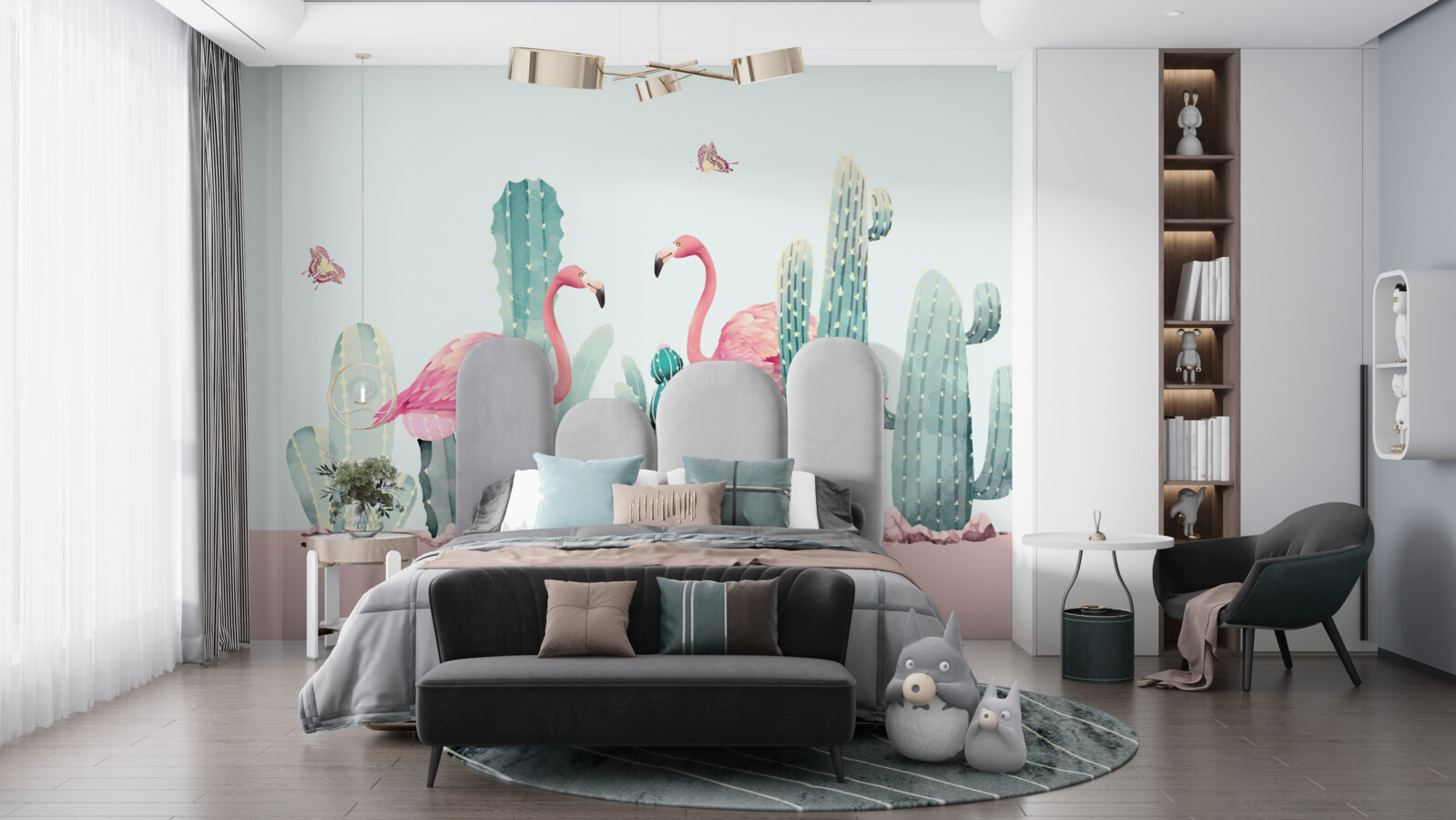 Fototapeten Rosa Flamingos unter Kakteen