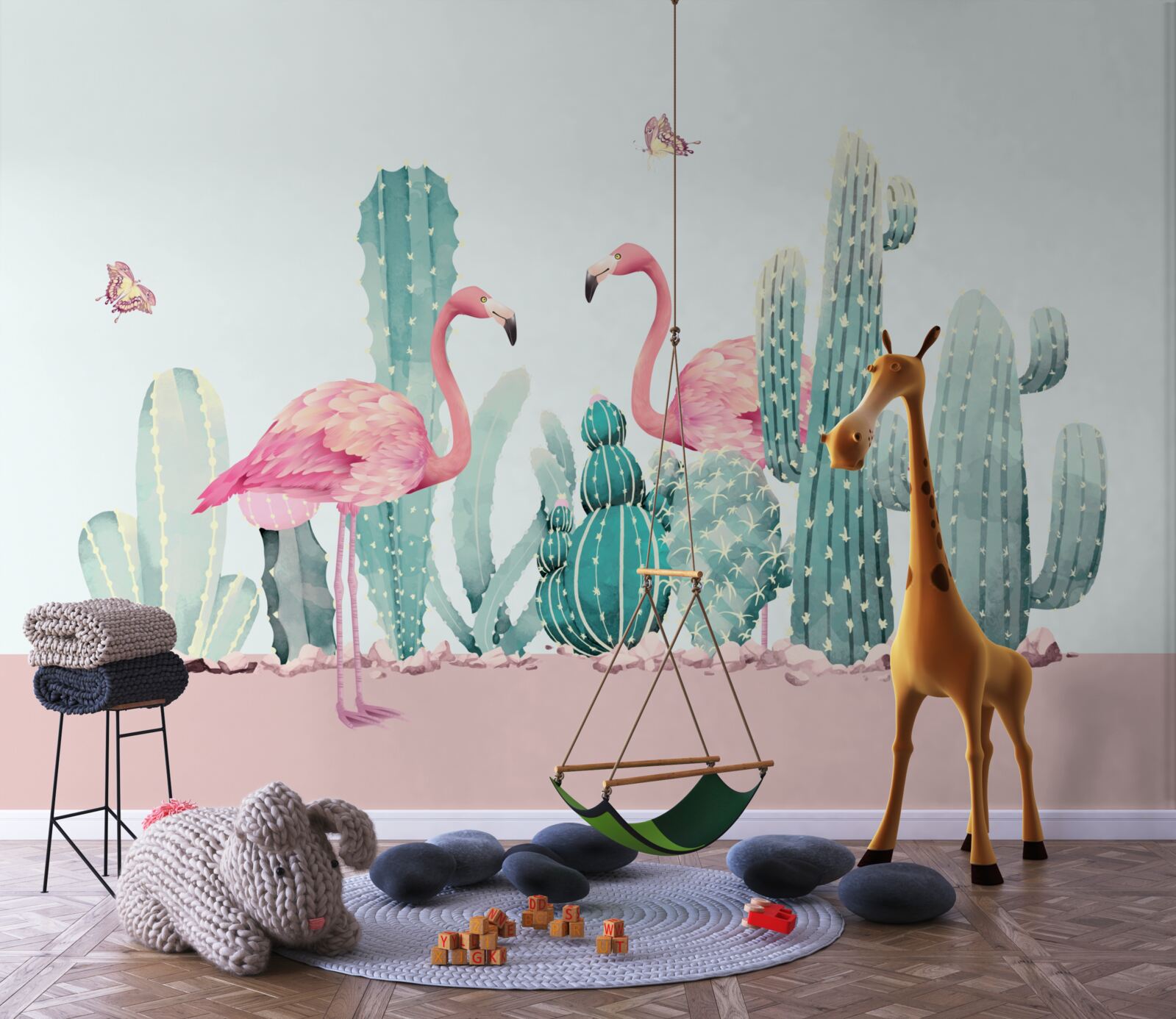 Fototapeten Rosa Flamingos unter Kakteen