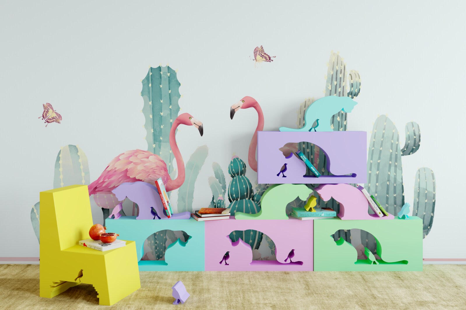 Fototapeten Rosa Flamingos unter Kakteen