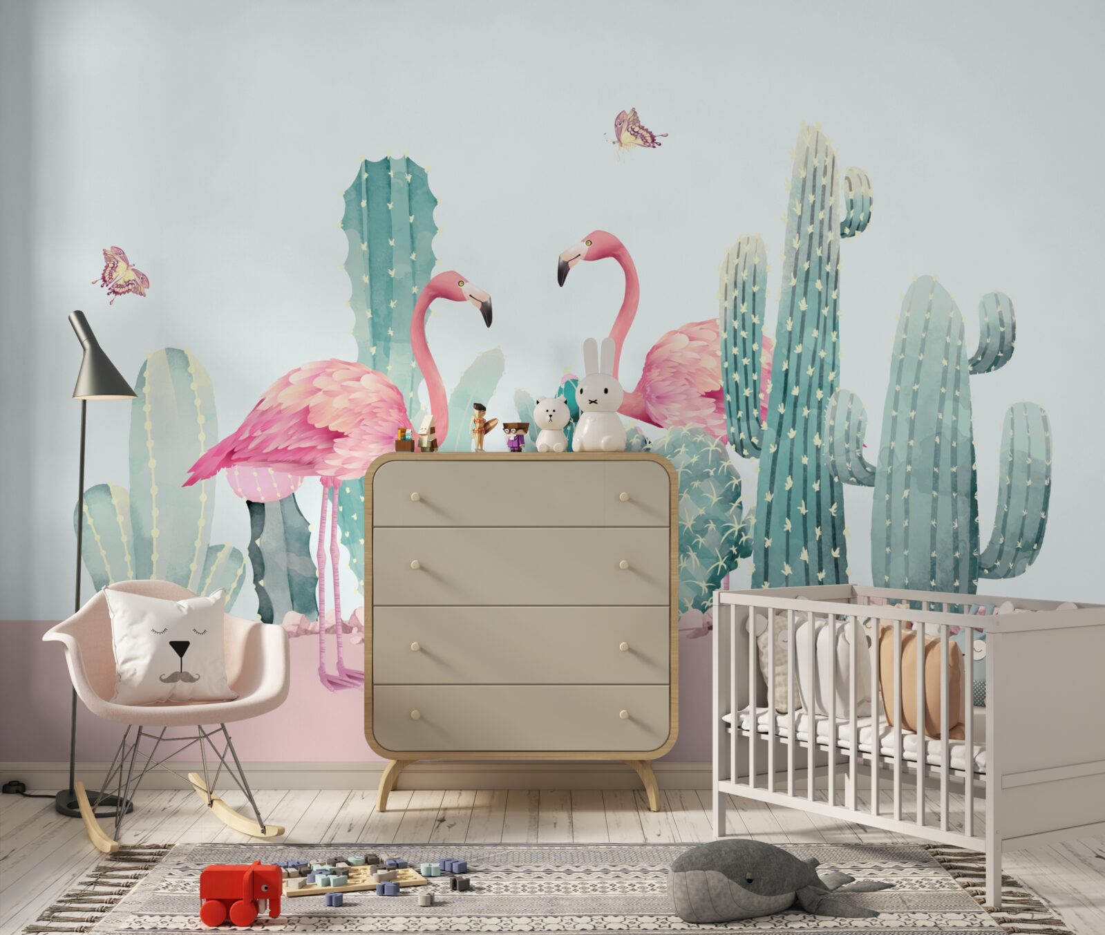 Fototapeten Rosa Flamingos unter Kakteen
