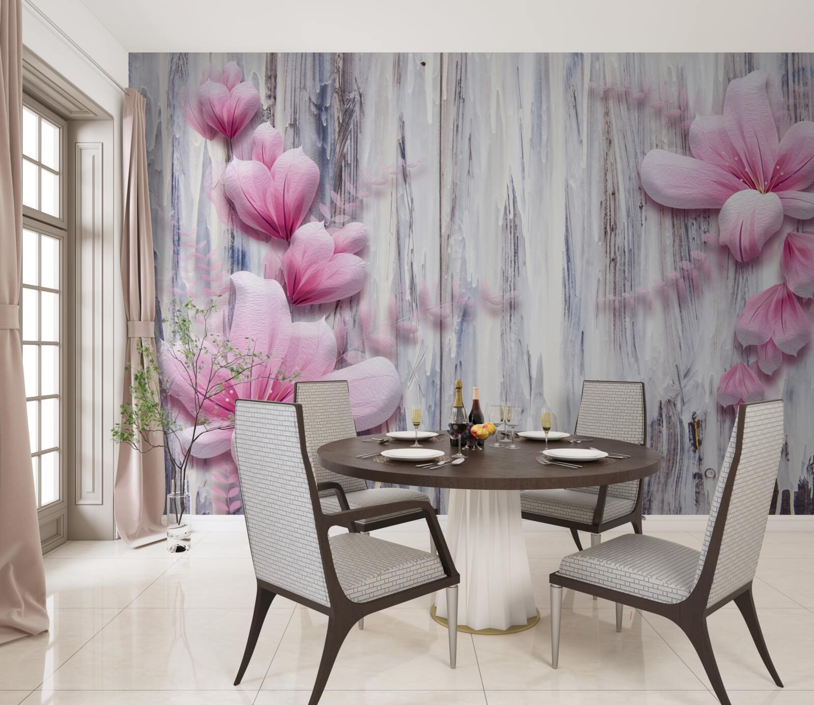 Fototapeten Rosa Blumen an der Wand in verschiedenen Farbtönen