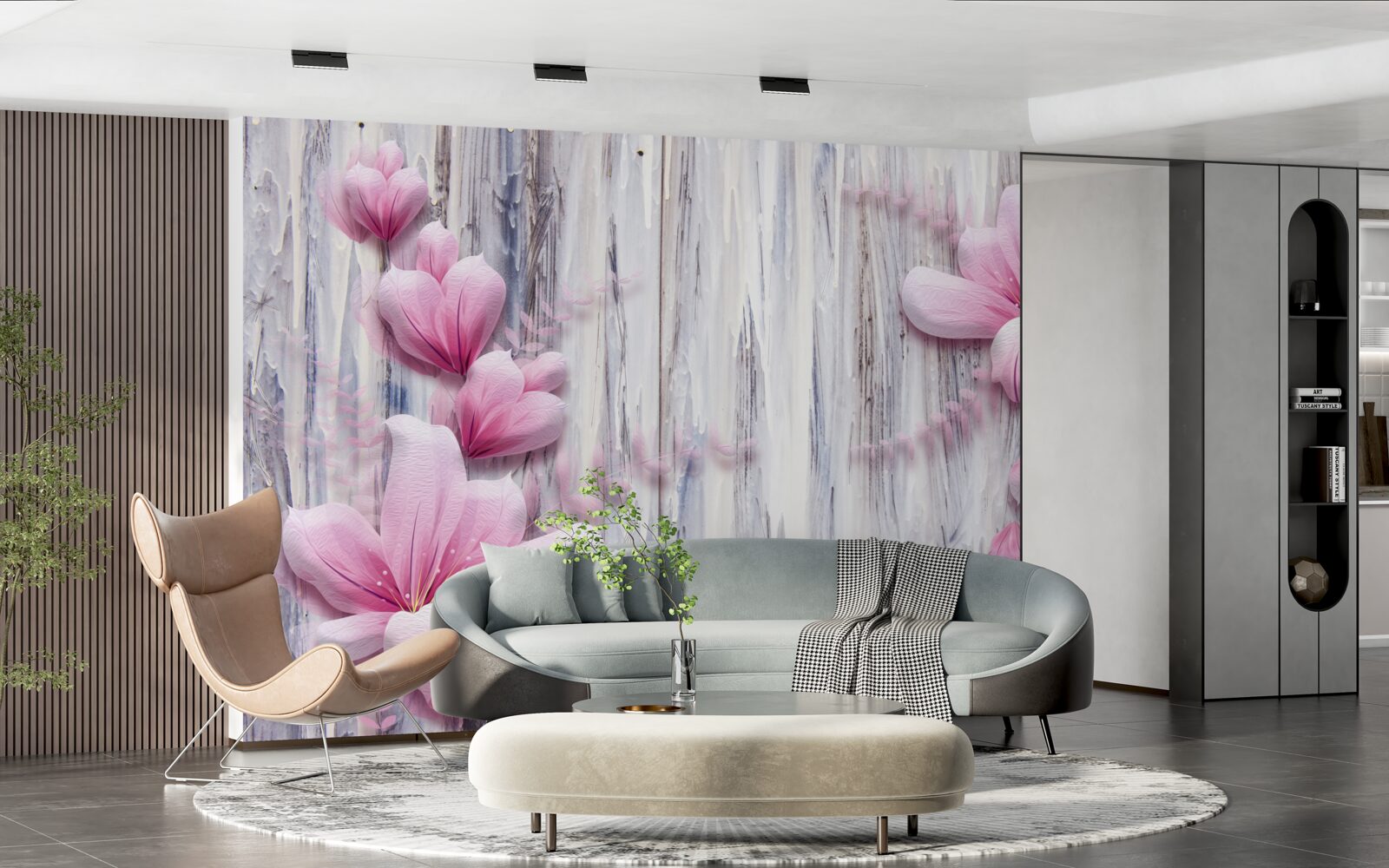 Fototapeten Rosa Blumen an der Wand in verschiedenen Farbtönen