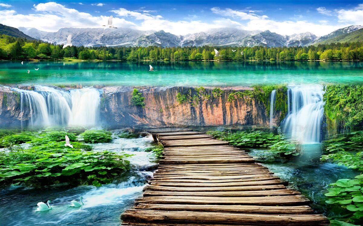 Fototapeten Das Beobachtungsdeck vor dem schnell fallenden Wasserfall