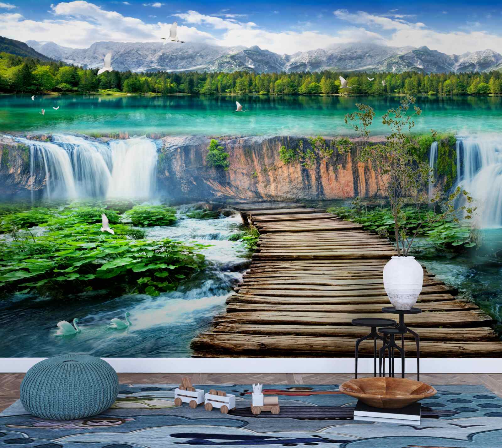 Fototapeten Das Beobachtungsdeck vor dem schnell fallenden Wasserfall