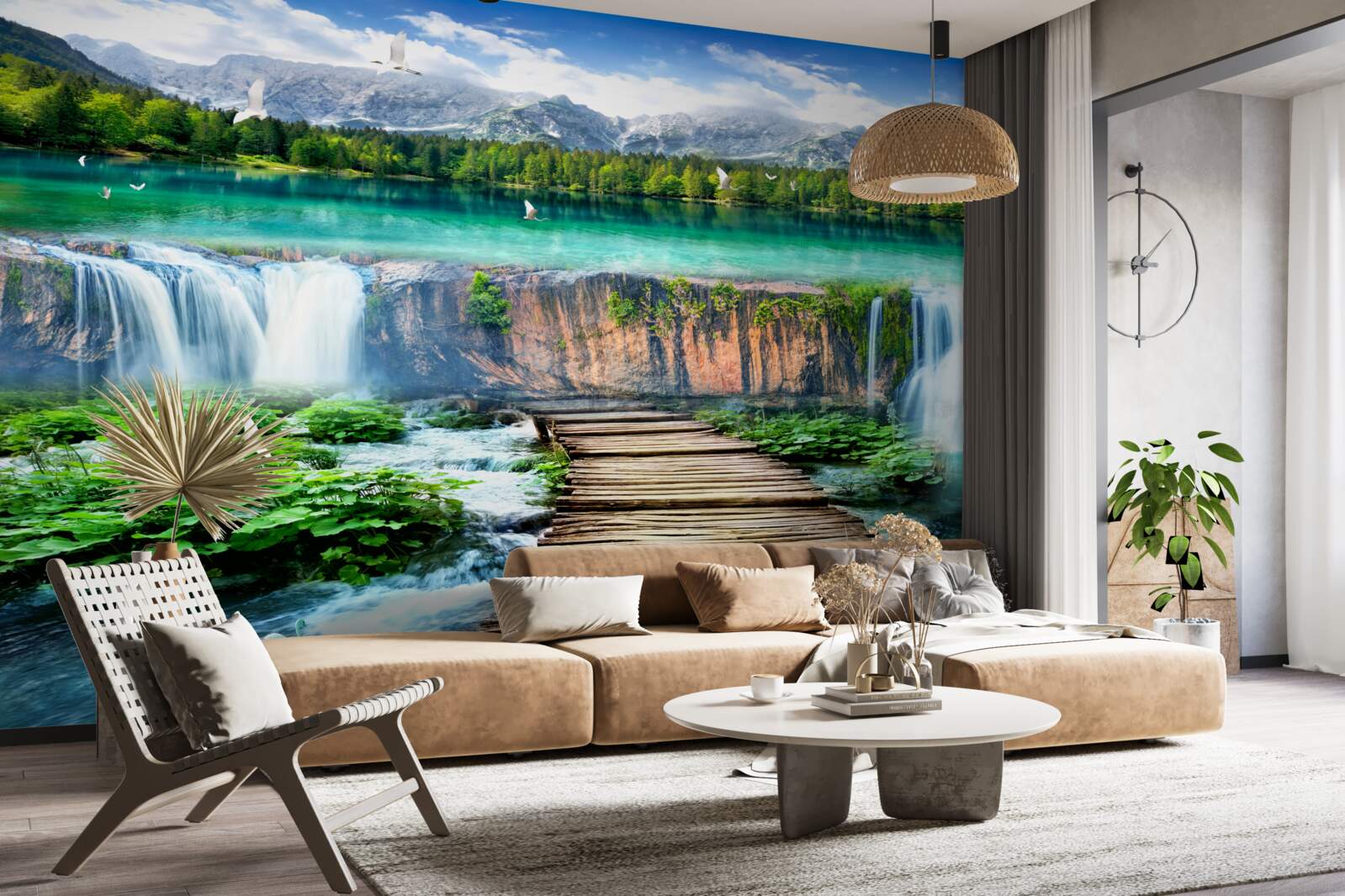 Fototapeten Das Beobachtungsdeck vor dem schnell fallenden Wasserfall