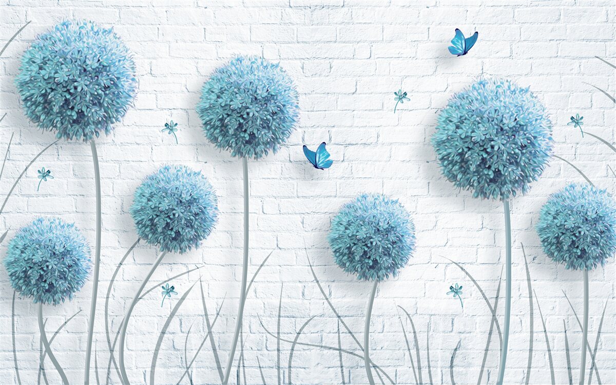 Fototapeten Blaue runde Blumen an einer weißen Wand