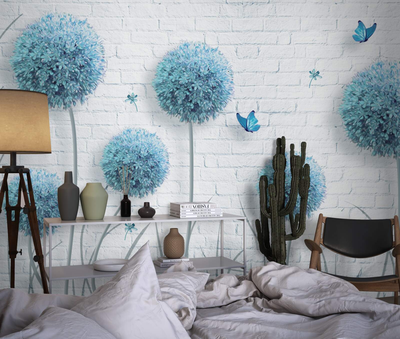Fototapeten Blaue runde Blumen an einer weißen Wand