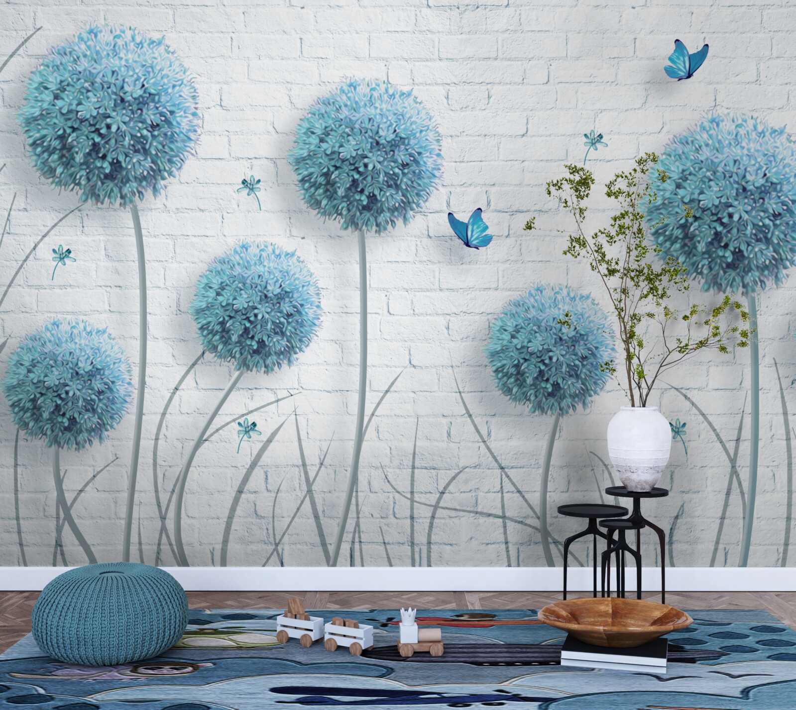 Fototapeten Blaue runde Blumen an einer weißen Wand
