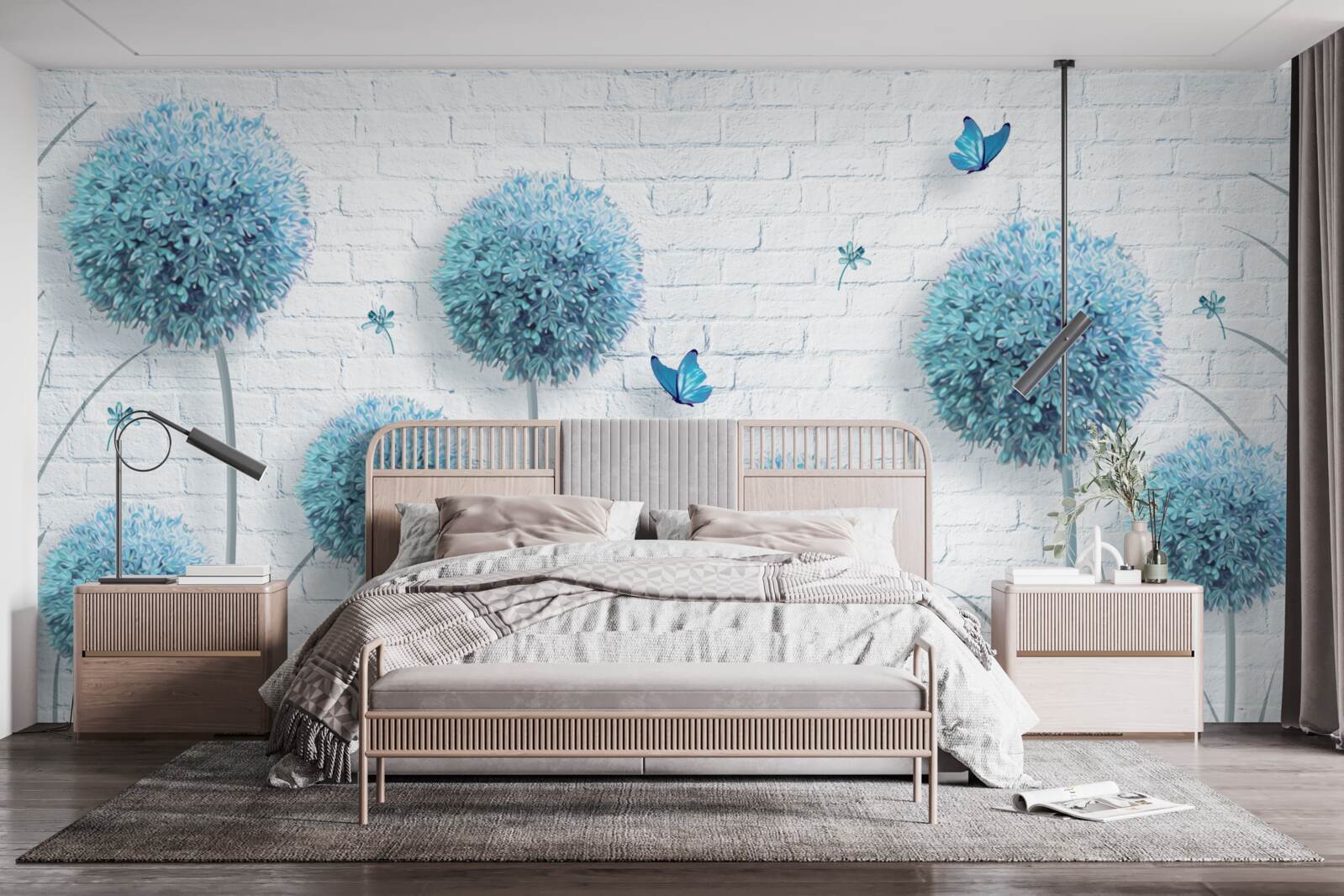 Fototapeten Blaue runde Blumen an einer weißen Wand