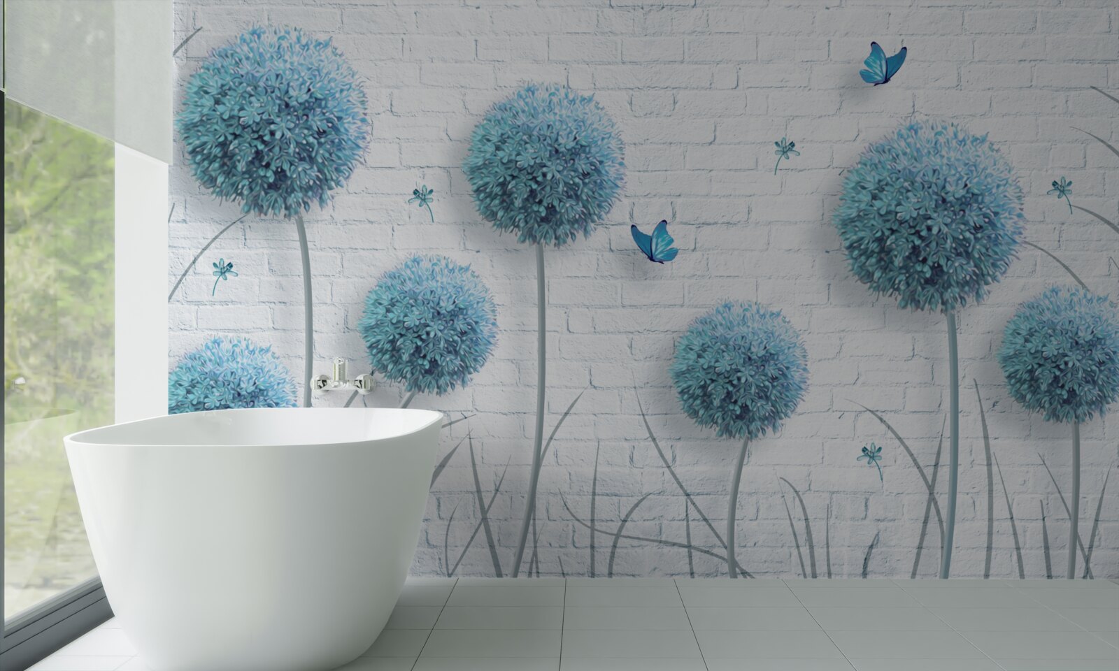 Fototapeten Blaue runde Blumen an einer weißen Wand