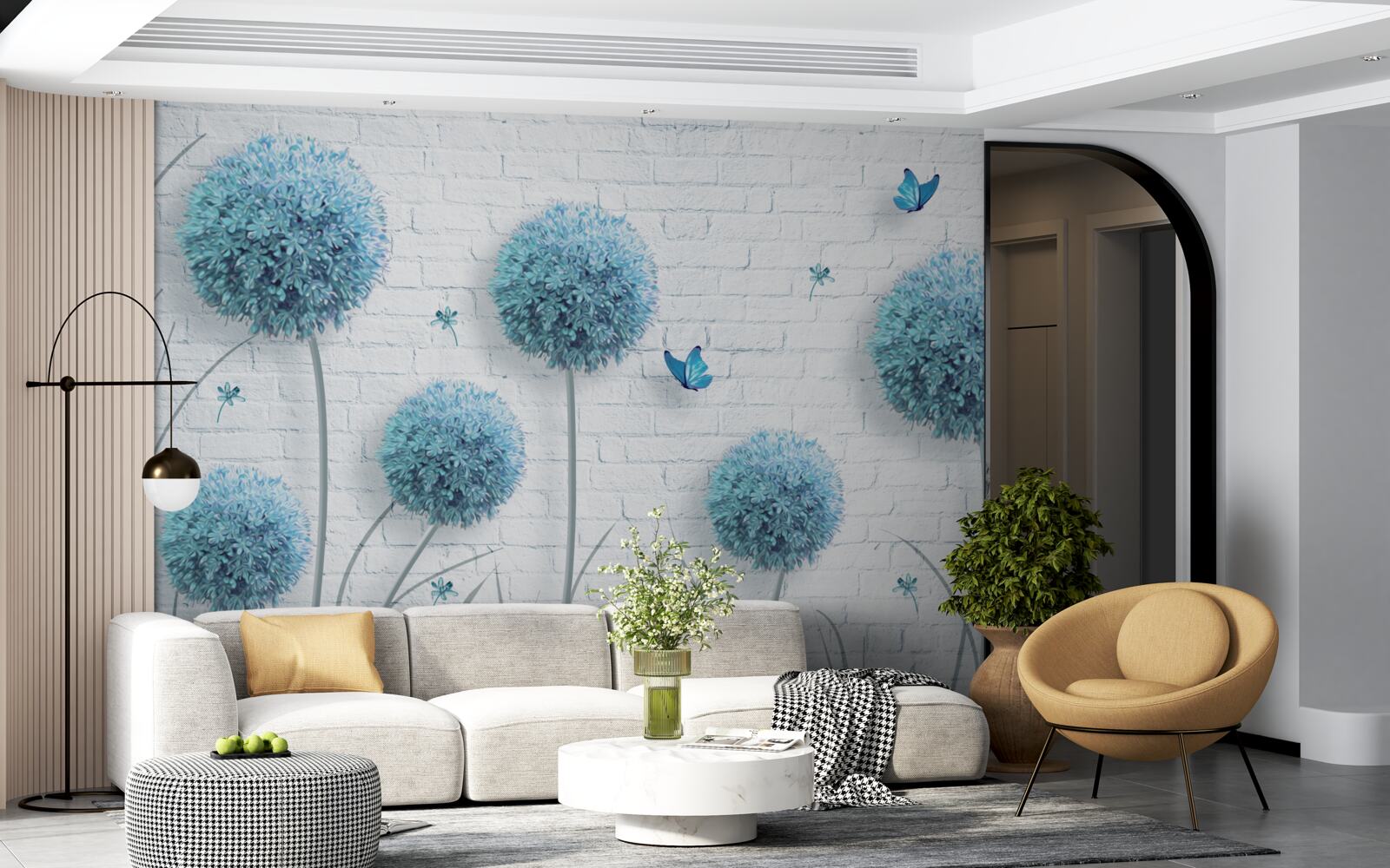 Fototapeten Blaue runde Blumen an einer weißen Wand