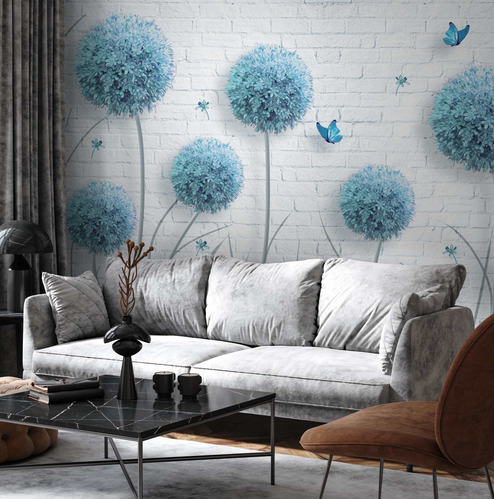 Fototapeten Blaue runde Blumen an einer weißen Wand