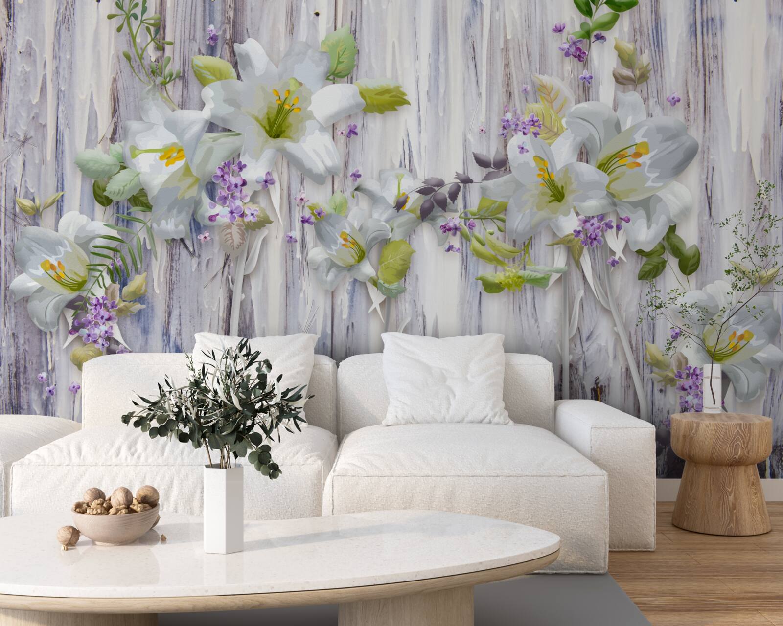 Fototapeten Weiße Lilien heben sich von allen Arten von Blumen ab