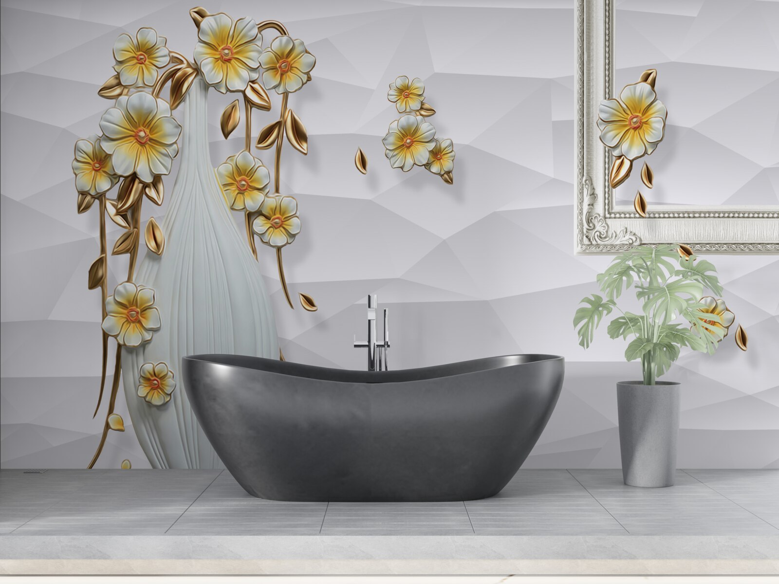 Fototapeten Eine hohe, leichte Vase mit Blumen