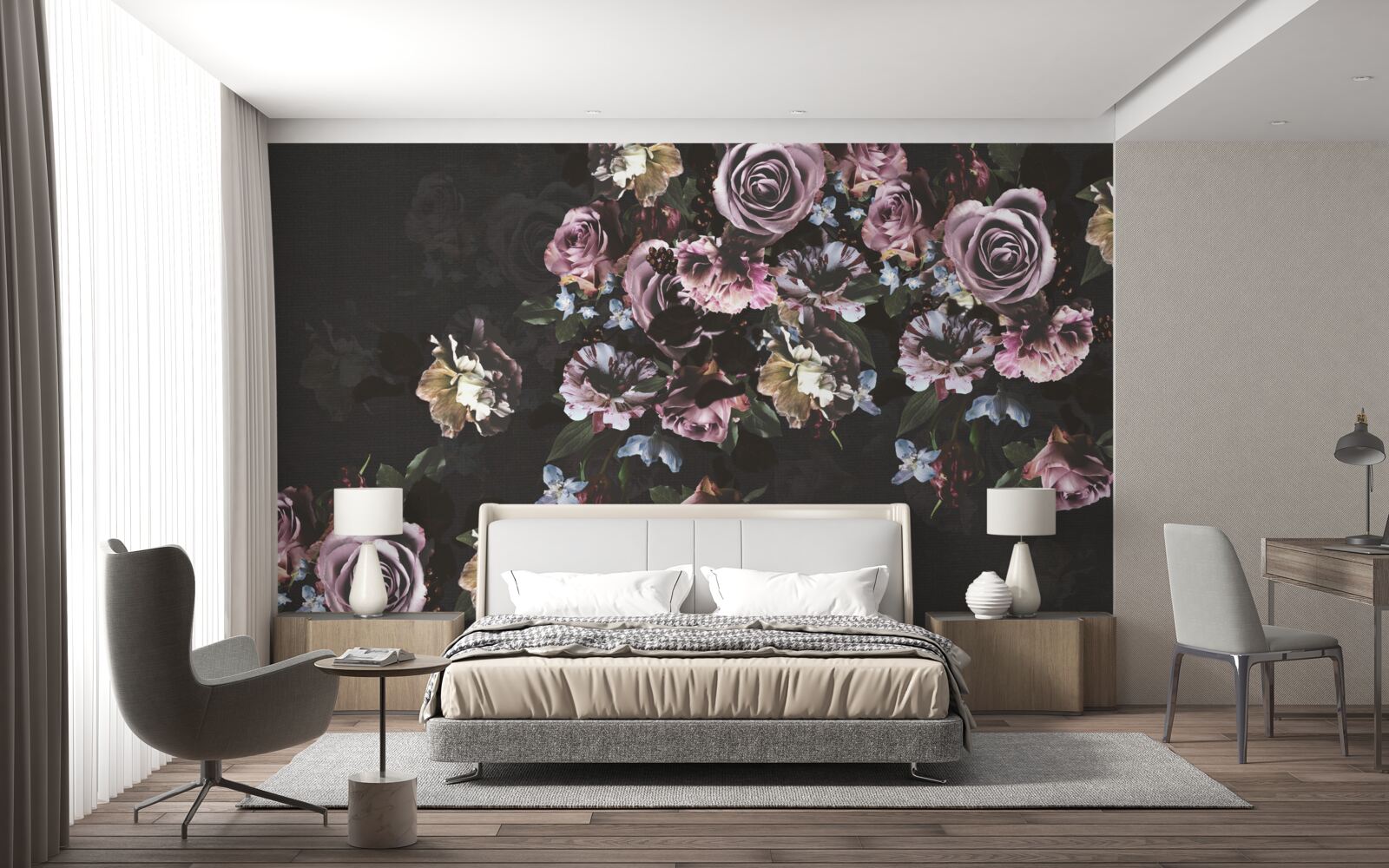 Fototapeten Rosa Blumen auf schwarzem Hintergrund